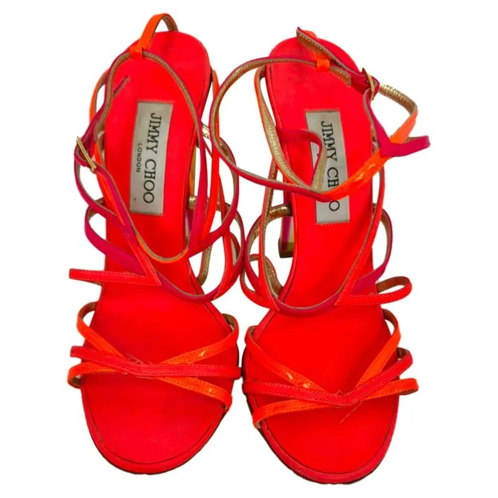 Jimmy Choo Strappy Sandal Heels in Neon Orange and Pink Leather